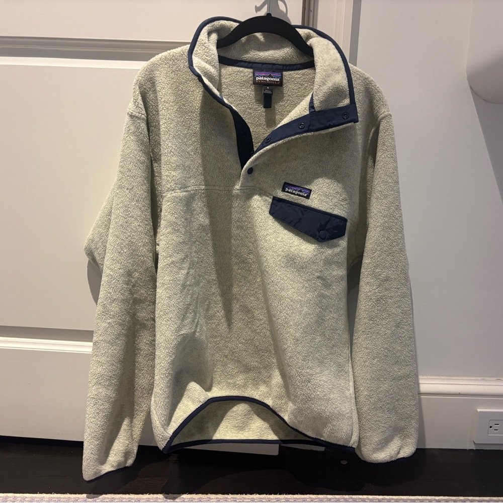 Patagonia Men's Cream Fleece Snap-Up Pullover with Navy Trim